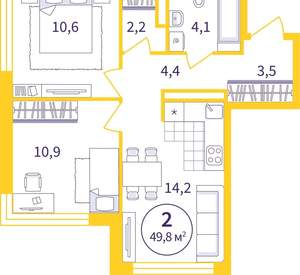 2-к квартира, вторичка, 50м2, 2/8 этаж