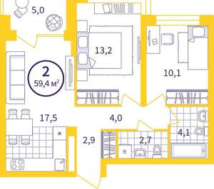 2-к квартира, сданный дом, 56м2, 2/20 этаж