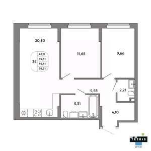 3-к квартира, вторичка, 59м2, 29/32 этаж