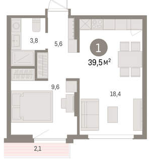 1-к квартира, вторичка, 39м2, 5/9 этаж