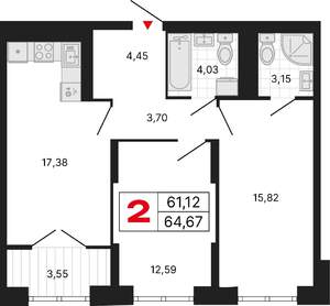 2-к квартира, вторичка, 65м2, 16/25 этаж