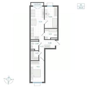2-к квартира, строящийся дом, 58м2, 4/4 этаж