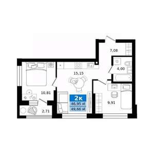 2-к квартира, строящийся дом, 50м2, 9/27 этаж