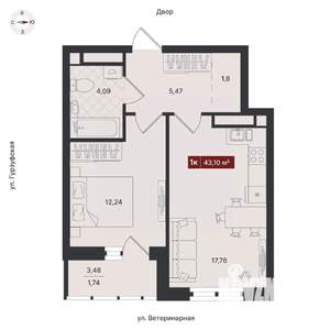 1-к квартира, вторичка, 43м2, 4/24 этаж