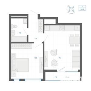 1-к квартира, вторичка, 43м2, 5/15 этаж