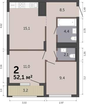 2-к квартира, вторичка, 52м2, 12/19 этаж