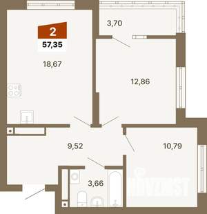 2-к квартира, строящийся дом, 57м2, 17/23 этаж