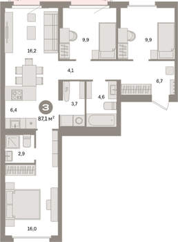 3-к квартира, вторичка, 87м2, 4/16 этаж