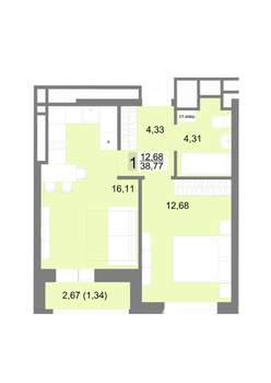 1-к квартира, вторичка, 39м2, 2/22 этаж