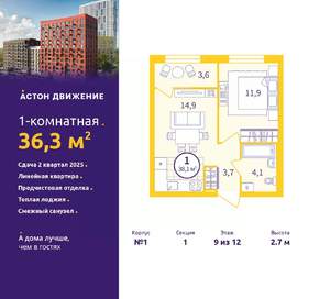 1-к квартира, вторичка, 36м2, 9/12 этаж