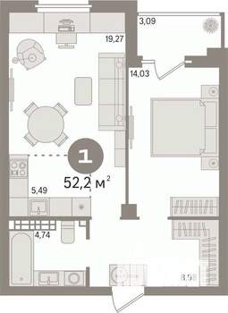1-к квартира, вторичка, 52м2, 13/24 этаж