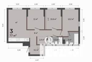 3-к квартира, строящийся дом, 77м2, 1/9 этаж