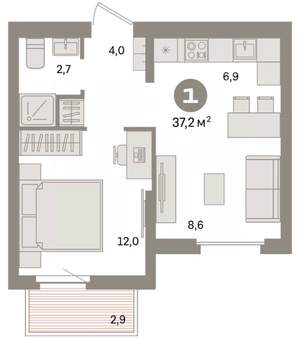 1-к квартира, вторичка, 37м2, 6/9 этаж