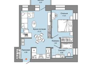 1-к квартира, вторичка, 44м2, 5/7 этаж