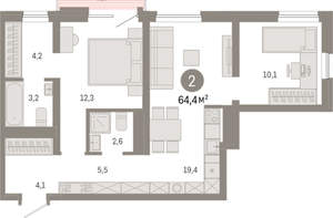 2-к квартира, вторичка, 64м2, 7/8 этаж
