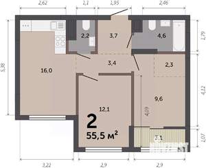2-к квартира, вторичка, 55м2, 6/12 этаж