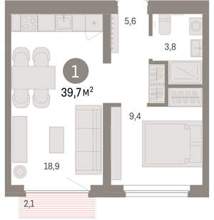 1-к квартира, вторичка, 40м2, 6/9 этаж