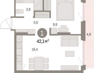 1-к квартира, вторичка, 42м2, 5/9 этаж