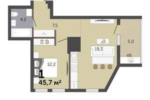 1-к квартира, вторичка, 46м2, 17/19 этаж