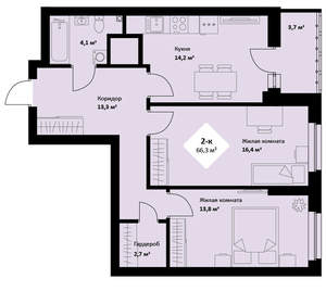 2-к квартира, вторичка, 66м2, 21/25 этаж