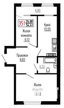 2-к квартира, строящийся дом, 54м2, 26/27 этаж