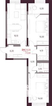2-к квартира, строящийся дом, 70м2, 7/25 этаж