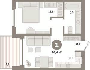 1-к квартира, вторичка, 44м2, 12/24 этаж