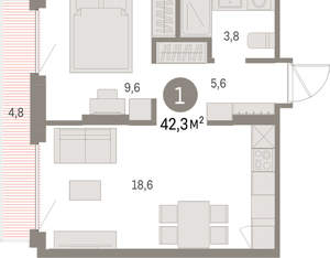 1-к квартира, вторичка, 42м2, 5/9 этаж
