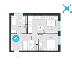 2-к квартира, вторичка, 53м2, 7/22 этаж