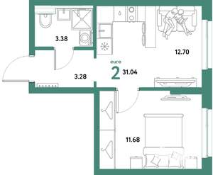 2-к квартира, строящийся дом, 31м2, 8/21 этаж