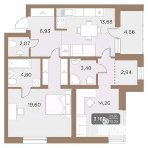 3-к квартира, вторичка, 70м2, 24/24 этаж