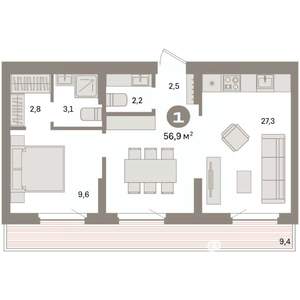 1-к квартира, вторичка, 57м2, 8/9 этаж
