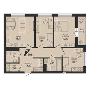 3-к квартира, вторичка, 80м2, 6/31 этаж
