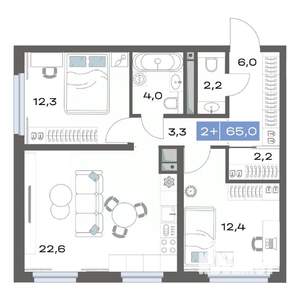 2-к квартира, строящийся дом, 65м2, 4/17 этаж