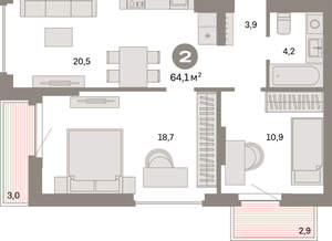 2-к квартира, вторичка, 64м2, 2/16 этаж