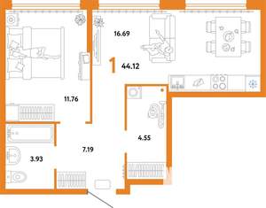 1-к квартира, строящийся дом, 44м2, 12/24 этаж