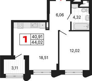 1-к квартира, вторичка, 44м2, 6/25 этаж