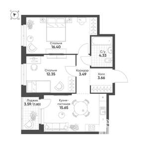 2-к квартира, строящийся дом, 58м2, 12/25 этаж