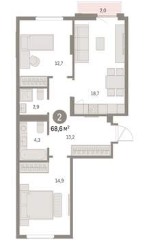 2-к квартира, вторичка, 69м2, 6/9 этаж