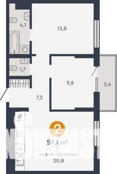 2-к квартира, вторичка, 59м2, 6/18 этаж