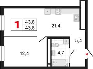 1-к квартира, строящийся дом, 44м2, 7/25 этаж