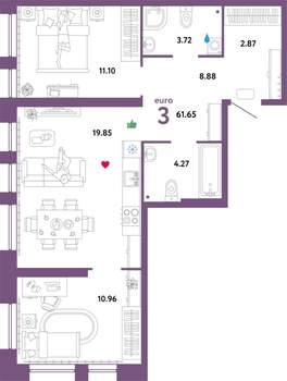3-к квартира, строящийся дом, 62м2, 2/32 этаж