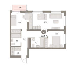 2-к квартира, вторичка, 69м2, 3/16 этаж
