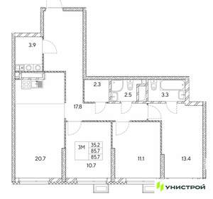 3-к квартира, вторичка, 86м2, 17/30 этаж
