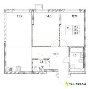 2-к квартира, вторичка, 69м2, 26/31 этаж