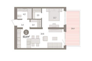 1-к квартира, вторичка, 63м2, 2/15 этаж