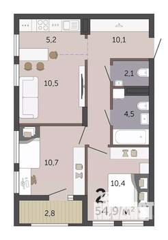 2-к квартира, вторичка, 55м2, 6/19 этаж