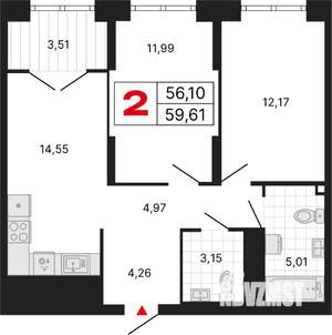2-к квартира, вторичка, 60м2, 16/25 этаж