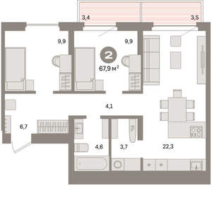 2-к квартира, вторичка, 68м2, 7/16 этаж