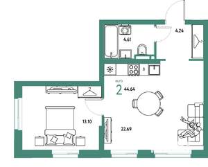 2-к квартира, вторичка, 45м2, 22/24 этаж